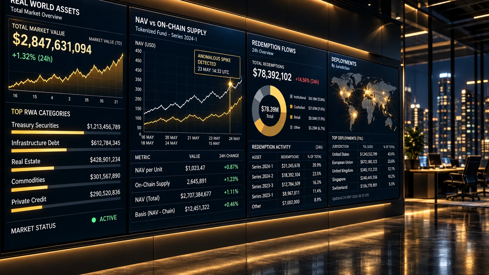 Illustrative image: a wall of market dashboards in a dark office at night. The figures are decorative, not Alkaron data.